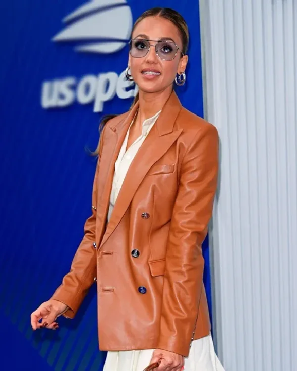 Order US Open Tennis Championships 2025 Jessica Alba Brown Leather Blazer Sale