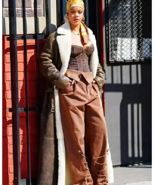 Rihanna Brown Shearling Leather Coat