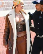 Rihanna Brown Shearling Leather Coat sale
