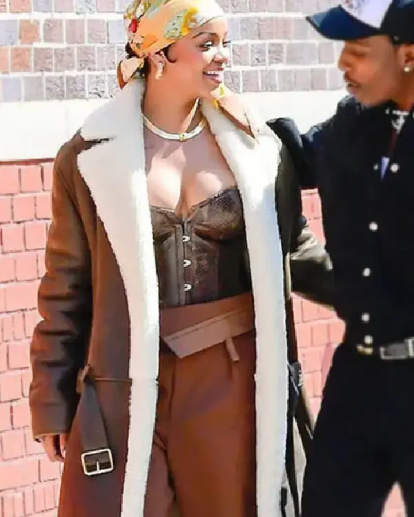 Rihanna Brown Shearling Leather Coat sale