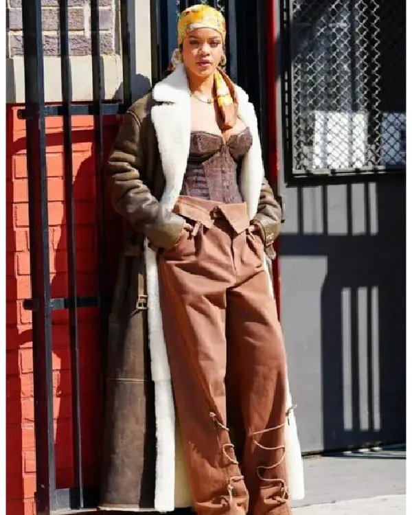Rihanna Brown Shearling Leather Coat