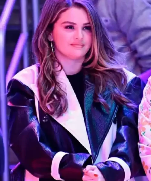 Selena Gomez Black and White Leather Coat