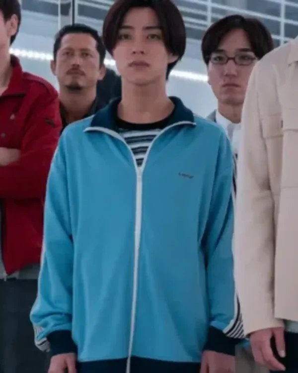 Shop Alice in Borderland Season 3 Daigo Kotaro Striped Sleeves Navy Collar & Cuffs Zipper Track Jacket _ Blue For Sale