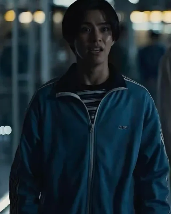 Shop Alice in Borderland Season 3 Daigo Kotaro Striped Sleeves Navy Collar & Cuffs Zipper Track Jacket _ Blue Sale