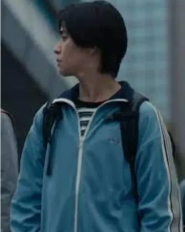Shop Alice in Borderland Season 3 Daigo Kotaro Striped Sleeves Navy Collar & Cuffs Zipper Track Jacket _ Blue on Sale