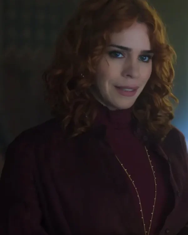 Shop Billie Piper TV Series Wednesday Season 2 Isadora Capri Burgundy Textured Long-Sleeved Coat For Sale
