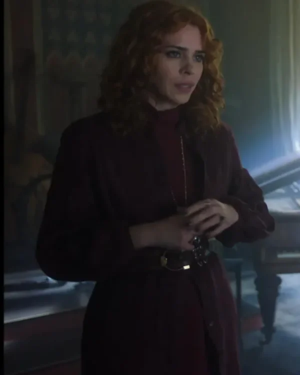 Shop Billie Piper TV Series Wednesday Season 2 Isadora Capri Burgundy Textured Long-Sleeved Coat Sale