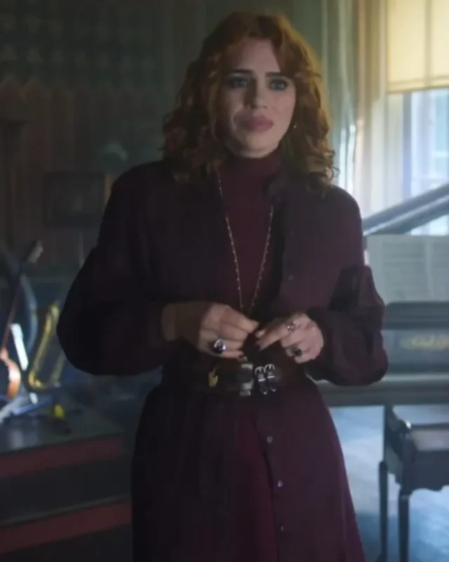 Shop Billie Piper TV Series Wednesday Season 2 Isadora Capri Burgundy Textured Long-Sleeved Coat on Sale