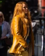 Shop Blake Lively, It Ends With Us 2024 Lily Mustard Leather Coat Sale Site post