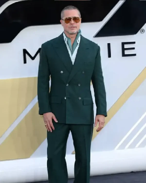 Shop Brad Pitt F1 The Movie 2025 European Premiere Dark Green Double-Breasted Peak Lapel Suit For Sale
