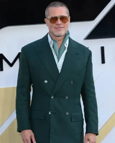 Shop Brad Pitt F1 The Movie 2025 European Premiere Dark Green Double-Breasted Peak Lapel Suit on Sale