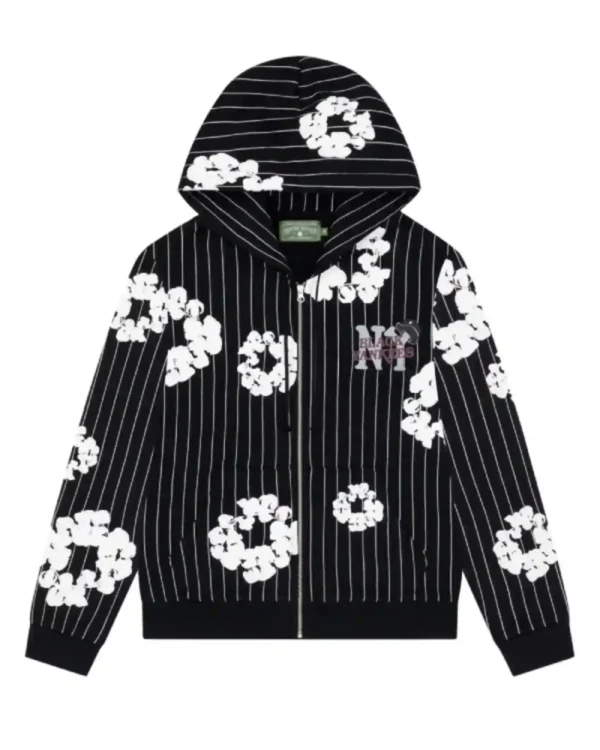 Shop Denim Tears Pinstripe Wreath Zip-Up Hoodie Grey & Black Sale Black