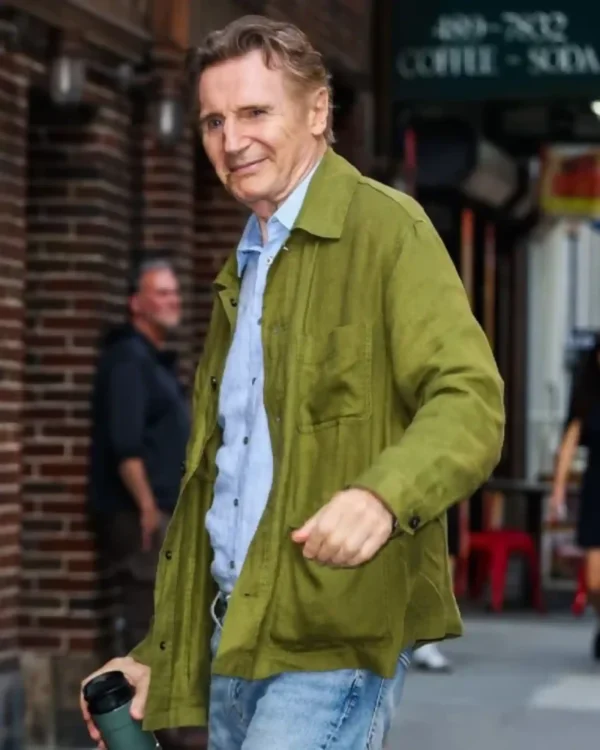 Shop Late Show with Stephen Colbert TV Series Liam Neeson Button-Up Green Jacket For Sale