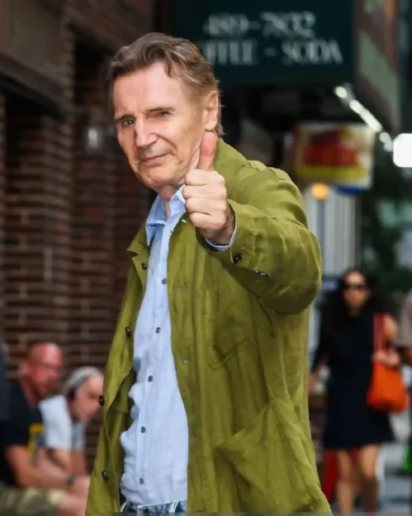 Shop Late Show with Stephen Colbert TV Series Liam Neeson Button-Up Green Jacket on Sale