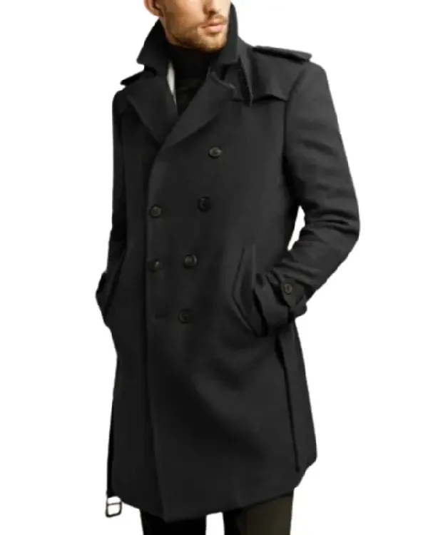 Shop Men's Double Breasted Belted Trench Wool Coat for Winter Sale Black