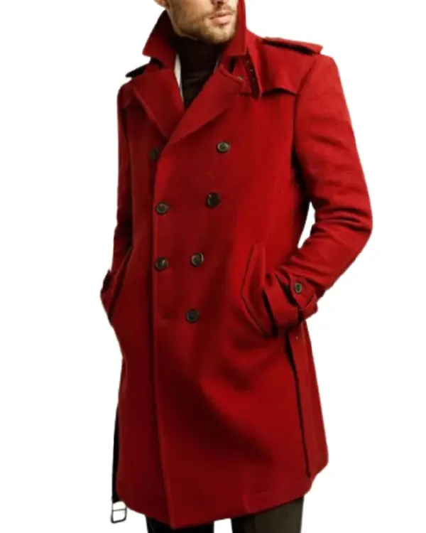 Shop Men's Double Breasted Belted Trench Wool Coat for Winter Sale Red