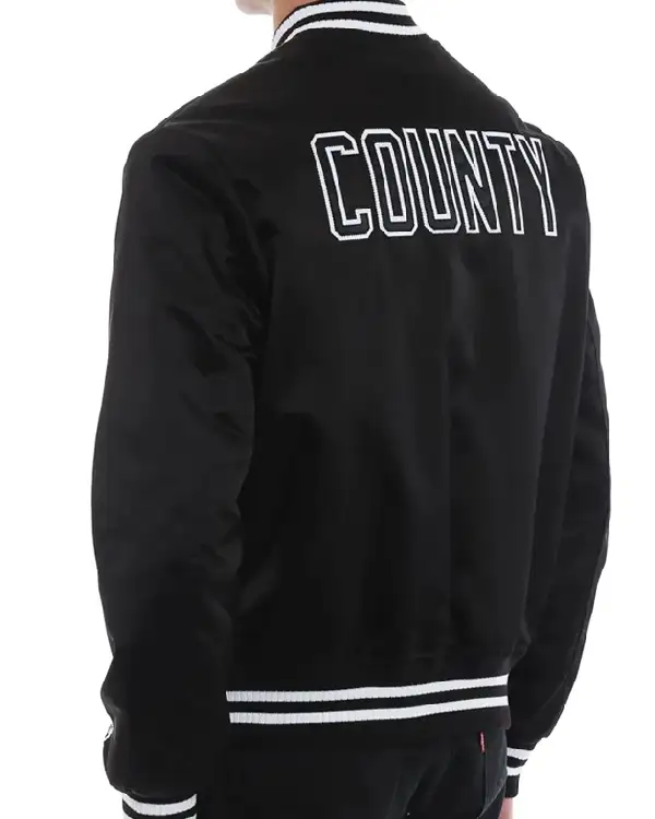 Shop Men’s Los Angeles Dodgers County Black Satin Bomber Jacket For Sale Back