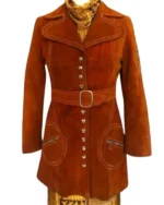 Shop Poker Face 2025 Natasha Lyonne Charlie’s 1970s Brown Suede Leather Belted Coat with Silver Buttons Sale