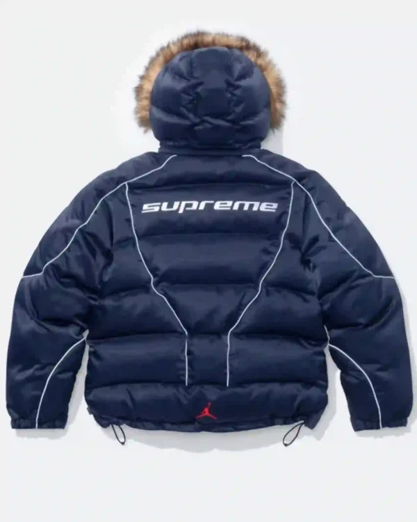 Shop Supreme Jordan Faux Fur Trim Hooded Puffer Jacket Sale Blue Back