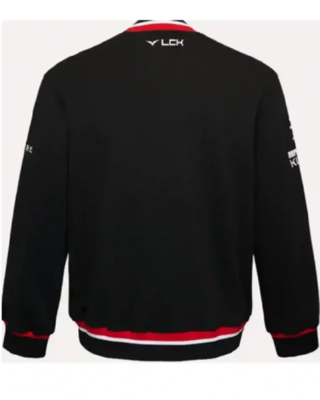 Shop T1 2025 Esports Team Black Bomber Jacket with Red Zipper and Sponsor Logos Sale