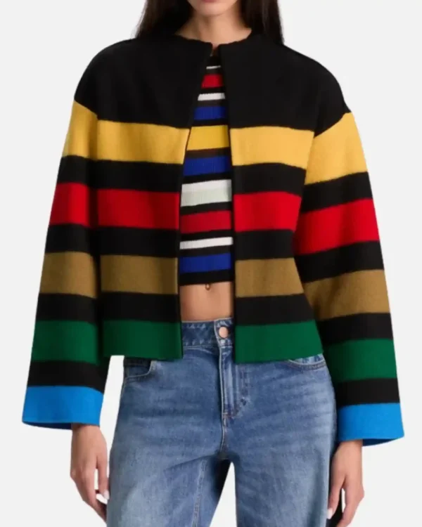 Shop TV Series The View 2025 Joy Behar Collarless Multi-Color Striped Sweater Jacket For Sale