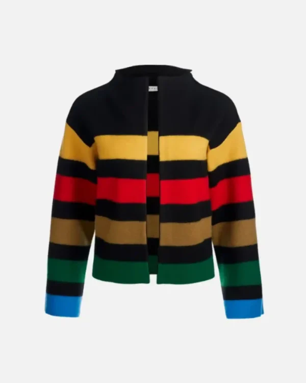 Shop TV Series The View 2025 Joy Behar Collarless Multi-Color Striped Sweater Jacket On Sale