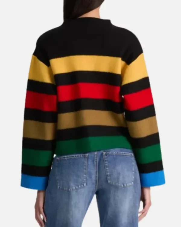 Shop TV Series The View 2025 Joy Behar Collarless Multi-Color Striped Sweater Jacket On Sale Back