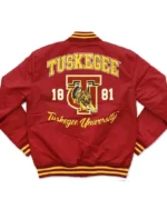 Shop Tuskegee University 1881 Red Satin Varsity Bomber Jacket For Sale