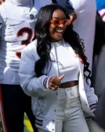 Simone Biles Chicago Bears v Baltimore Ravens White Varsity Bomber Jacket