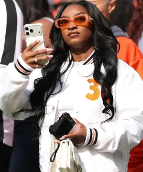 Simone Biles Chicago Bears v Baltimore Ravens White Varsity Jacket