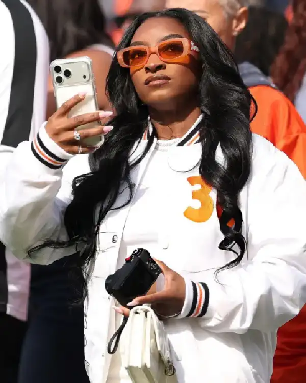 Simone Biles Chicago Bears v Baltimore Ravens White Varsity Jacket