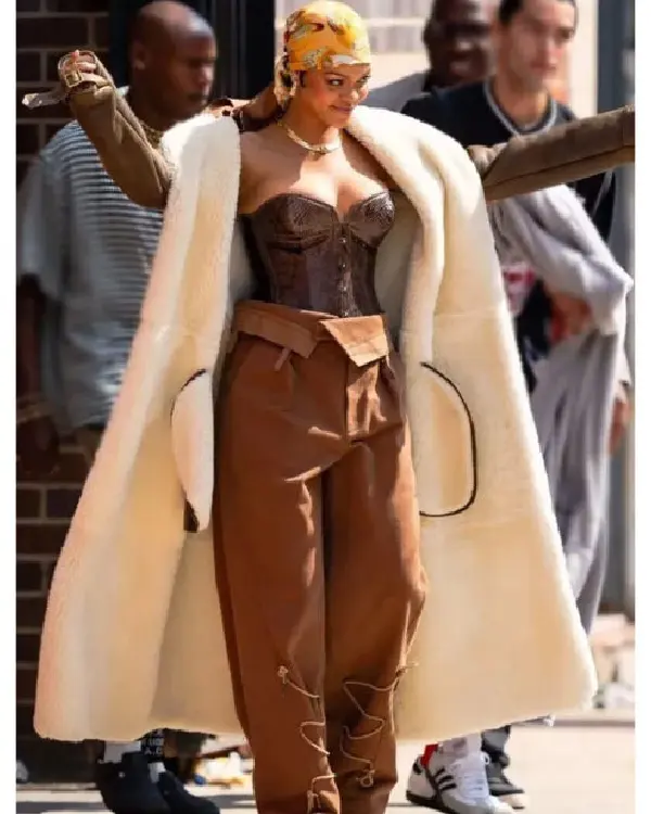 Singer Rihanna Brown Shearling Lined Long Leather Coat
