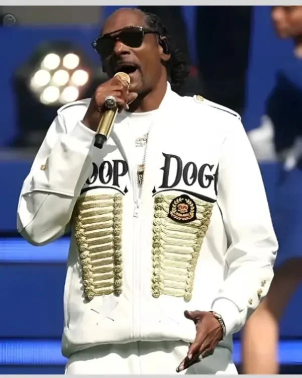 Snoop Dogg AFL Grand Final 2025 Gold Hussar-Style Braided Embellishments White Bomber Jacket