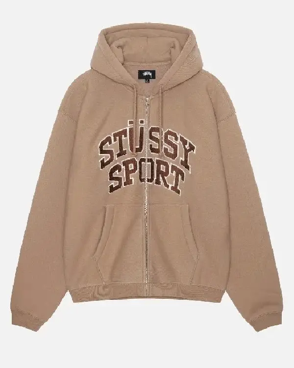 Stussy Sport Zip-Up Unisex Hoodie For Sale Brown