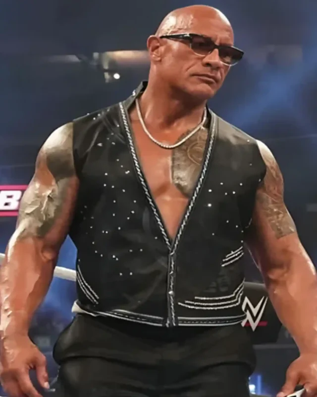The Rock WWE Elimination Chamber 2025 Rogers Centre Deep V-Neck Silver Geometric Trim Studded of Vest