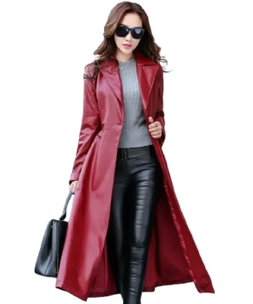 Women Red Leather Trench Coat
