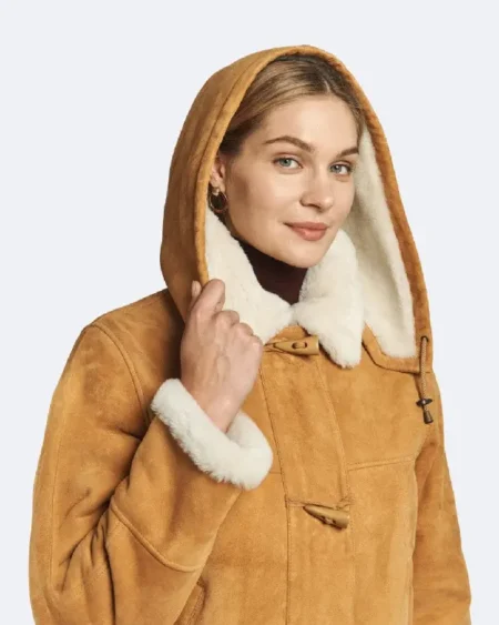 Womens Tan Shearling Hooded Leather Coat