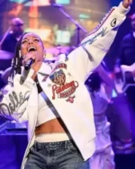 Alicia Keys The Tonight Show 2025 White Pelle Pelle Bomber Leather Jacket