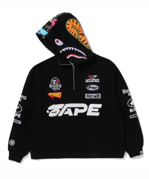 BAPE x F1LVMulti Logo Shark Relaxed Fit Half Zip Hoodie