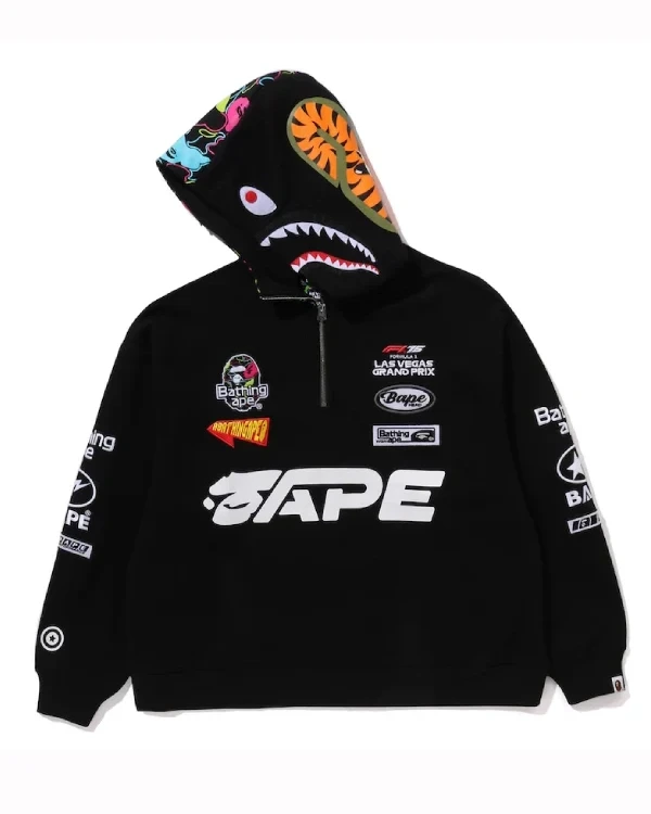 BAPE x F1LVMulti Logo Shark Relaxed Fit Half Zip Hoodie
