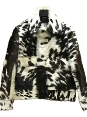 Black And White Cowhide Fur Drop Down Collar Jacket