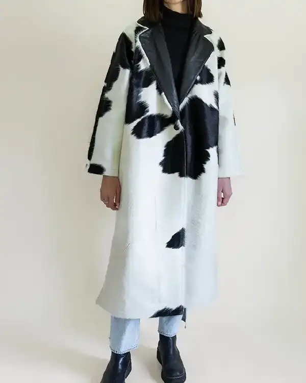 Black And White Cowhide Fur Leather Long Coat (1)