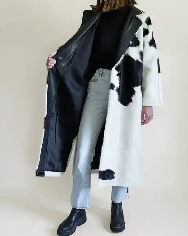 Black And White Cowhide Fur Leather Long Coat sale