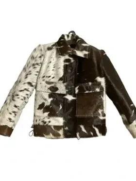 Brown And White Cowhide Fur Leather Trucker Jacket