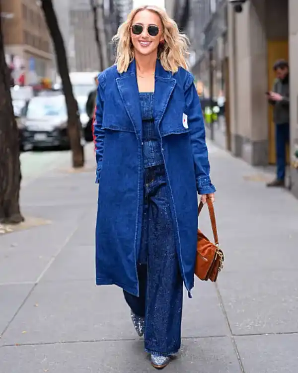 Buy Ashley Cooke 2025 New York City Denim Dark Indigo Blue Trench Coat with Red Accents Sale
