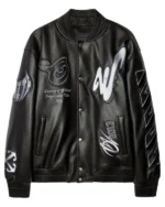Buy Busta Rhymes Off-White Fashion Show Black Patchwork Bomber Leather Jacket Sale