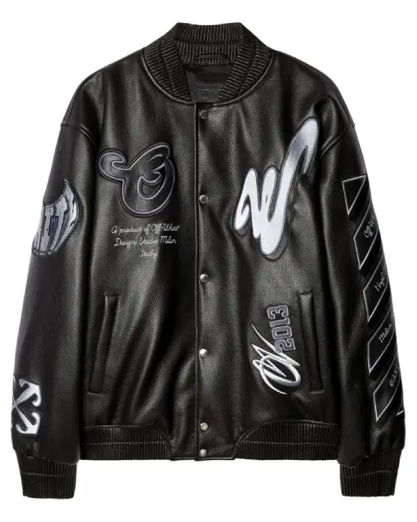 Buy Busta Rhymes Off-White Fashion Show Black Patchwork Bomber Leather Jacket Sale