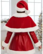 Buy Christmas Red Leather Shearling Coat with Detachable Cape for Women Sale