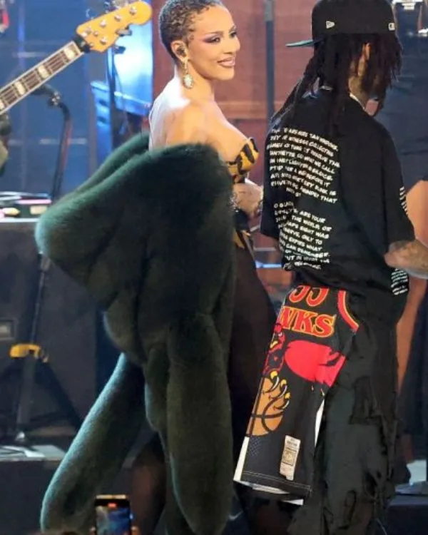 Buy Doja Cat Rock & Roll Hall of Fame 2025 Dark Green Oversized Fur Coat sale