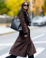 Buy Emily Ratajkowski New York City Long Dark Brown Suede Coat With A Black Fur Collar
